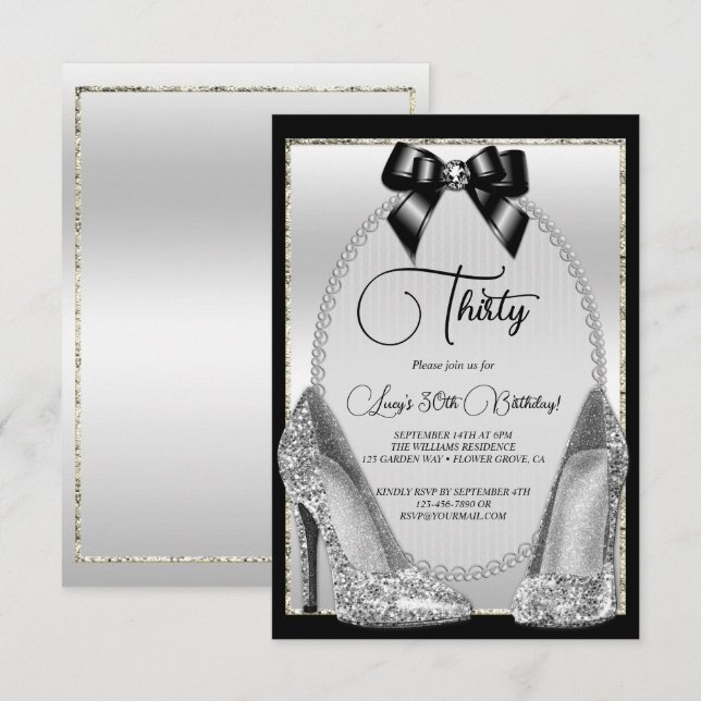 Invitation Elégant Noir, Argent Gem Bow & Stilettos Anniversa (Devant / Derrière)