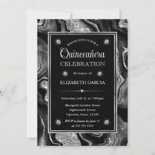 Invitation Elégant noir & argent Parties scintillant Agate Qu