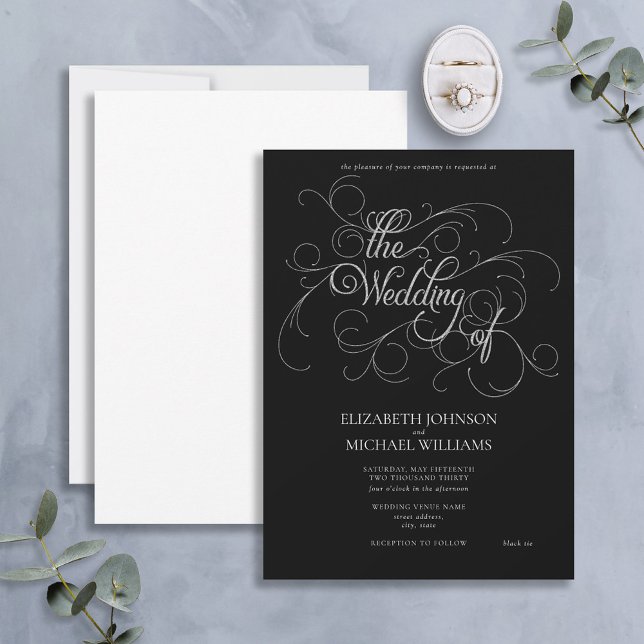 Invitation Élégant noir & argent Script Cravate noire Mariage (Créateur téléchargé)