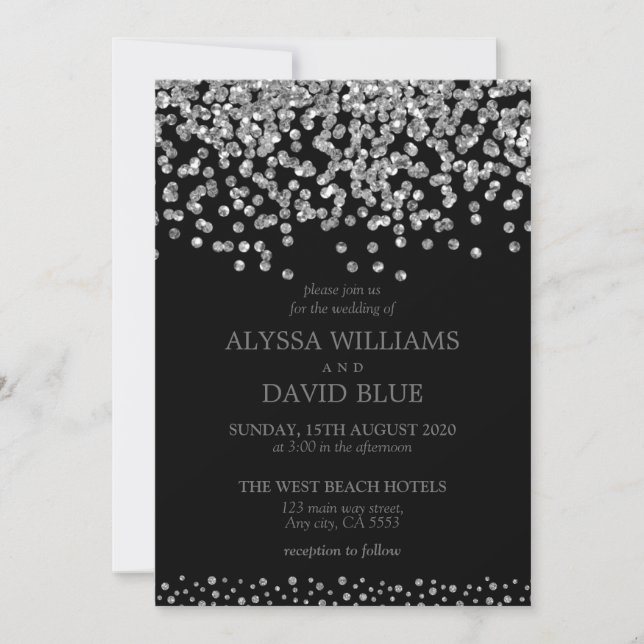 Invitation Elégant noir argenté Confetti Mariage moderne (Devant)