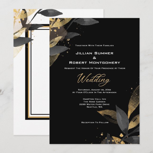 Invitation Élégant Noir avec Mariage Or (Devant / Derrière)