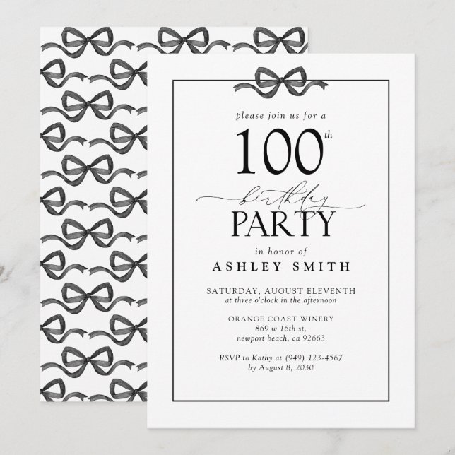 Invitation Elégant Noir & Blanc 100e Anniversaire Bow (Devant / Derrière)