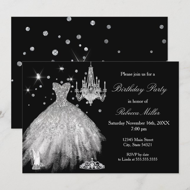 Invitation Elégant noir blanc Anniversaire fête talons d'arge (Devant / Derrière)