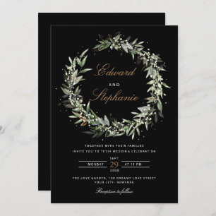 Invitation Elégant noir & blanc Aquarelle Mariage vert