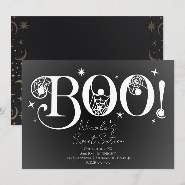 Invitation Elégant noir blanc BOO Magique Halloween Sweet 16 (Devant / Derrière)