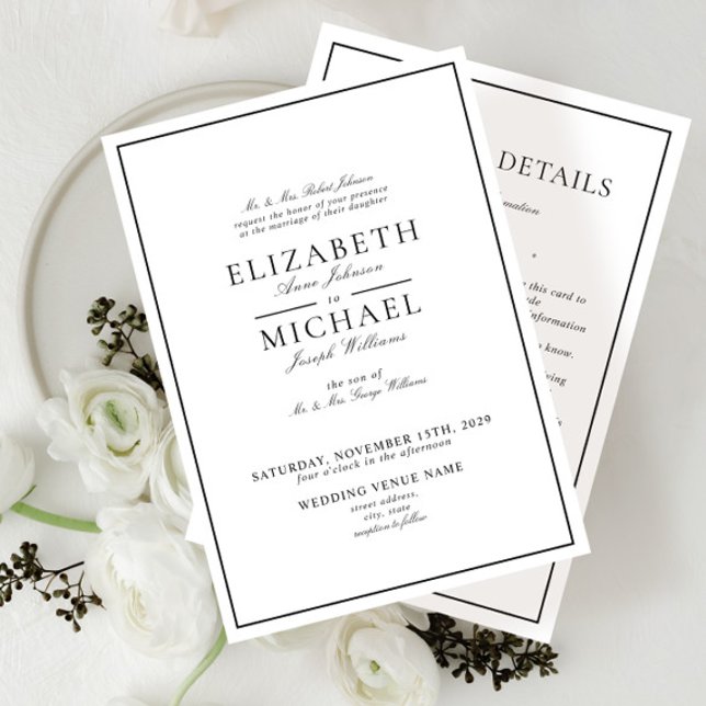 Invitation Élégant noir & blanc classique Détails Mariage (Créateur téléchargé)