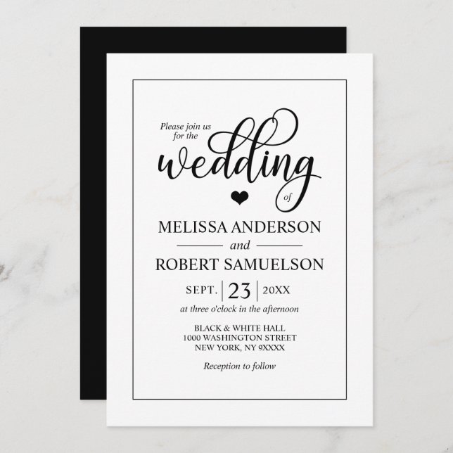Invitation Élégant Noir Blanc Coeur Mariage de script (Devant / Derrière)