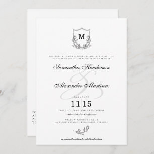 Invitation Elégant noir & blanc Crest Détails et Mariage QR