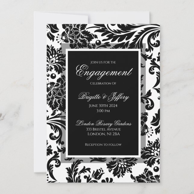Invitation Elégant noir & blanc damassé fiançailles personnal (Devant)