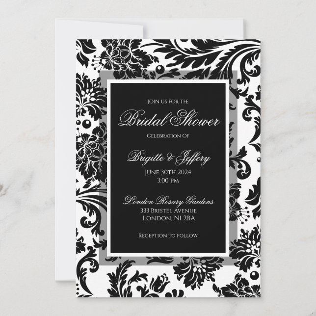 Invitation Elégant noir & blanc damassé personnalisé douche n (Devant)