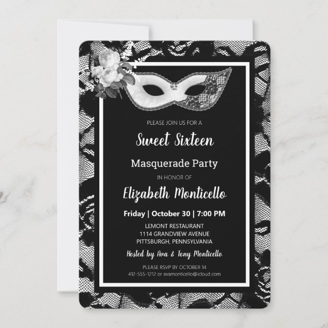 Invitation Élégant noir/blanc dentelle sucré 16 Masquerade Pa (Devant)