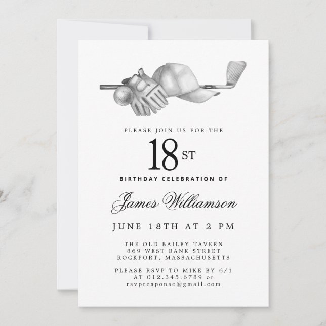 Invitation Elégant Noir Blanc Golf 18ème anniversaire (Devant)