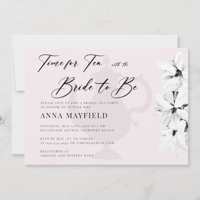 Invitation Elégant Noir Blanc Magnolia Temps pour Tea Bridal (Devant)