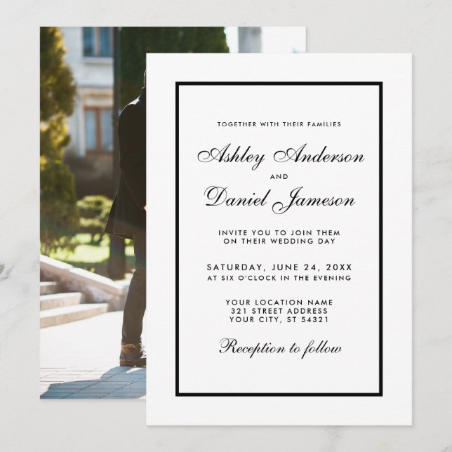 Invitation Elégant Noir & Blanc moderne Mariage Inviter Photo (Devant / Derrière)