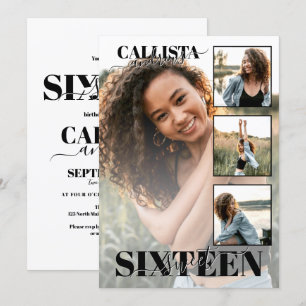 Invitation Elégant noir blanc moderne quatre photo doux 16