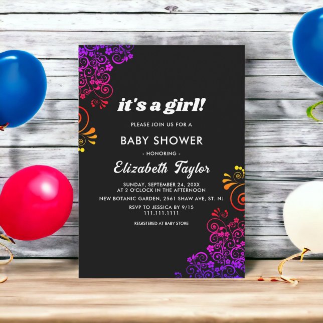 Invitation Elégant noir & blanc Neon Floral Girl Baby shower (Créateur téléchargé)