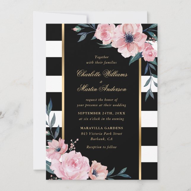 Invitation Élégant noir blanc rayé rose Mariage floral (Devant)