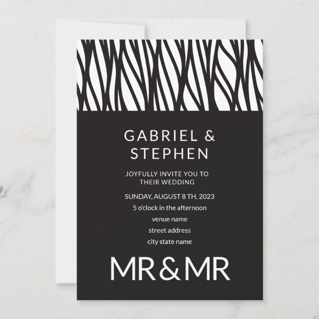 Invitation Élégant noir blanc rayé typographie mariage gay (Devant)
