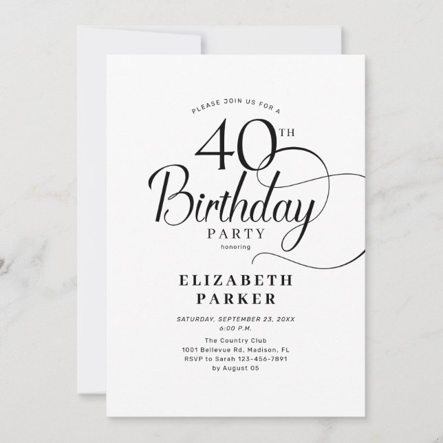 Invitation Élégant noir blanc Script 40e anniversaire (Devant)