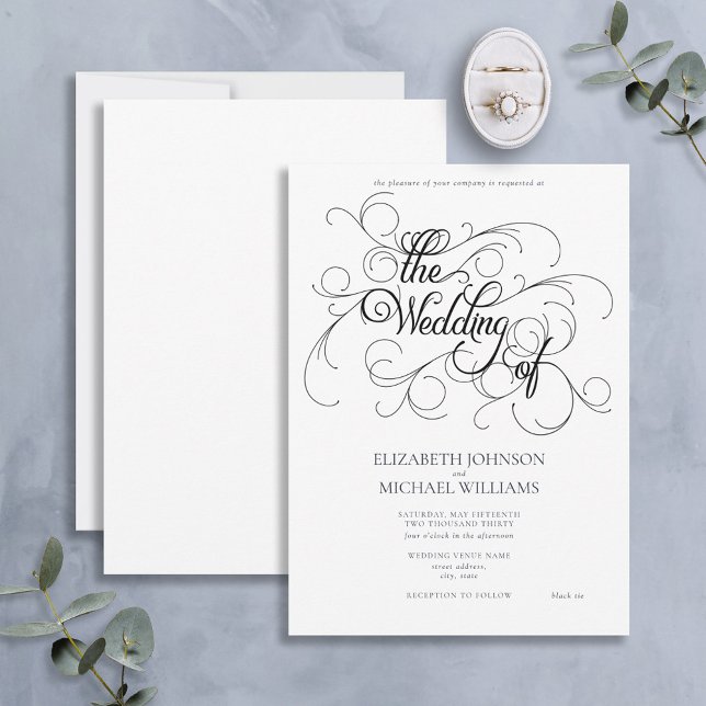 Invitation Élégant noir & blanc Script noir Cravate Mariage I (Créateur téléchargé)