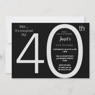 Invitation Elégant noir & blanc Surprise quarante Anniversair