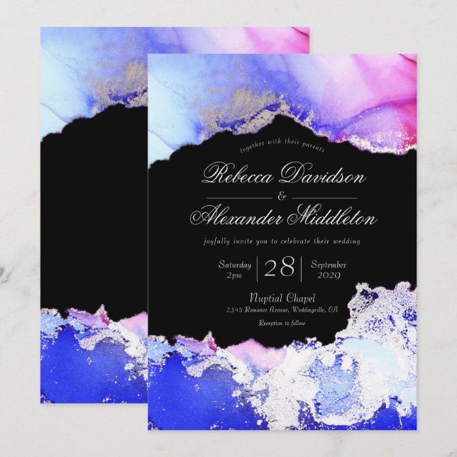 Invitation Élégant noir bleu violet argent Mariage officiel (Devant / Derrière)