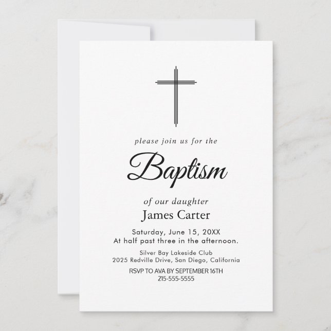 Invitation Élégant Noir Calligraphie Crème Croix Baptême (Devant)