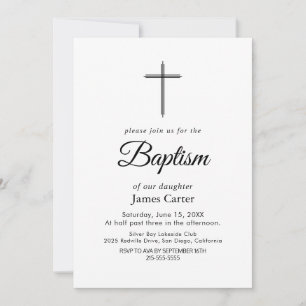 Invitation Élégant Noir Calligraphie Crème Croix Baptême