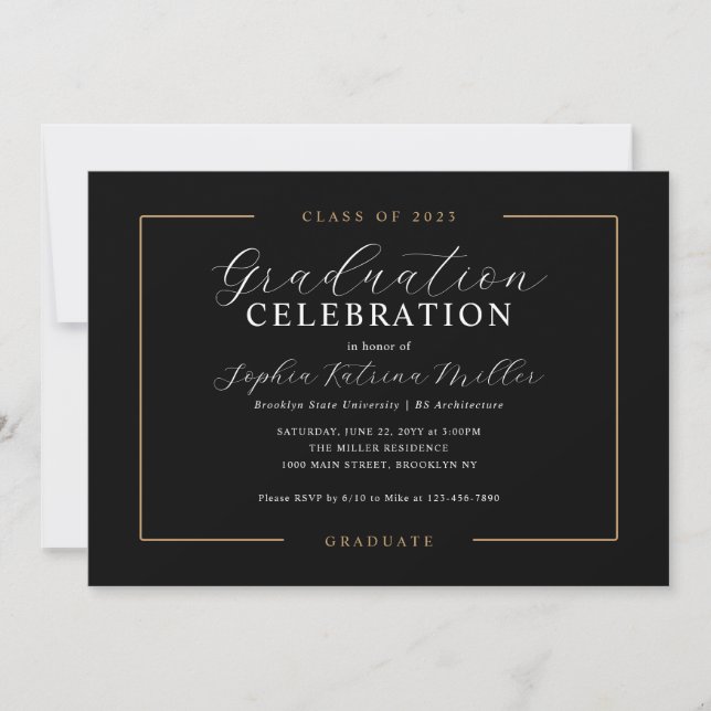 Invitation Élégant Noir Classe d'or Graduate Party (Devant)