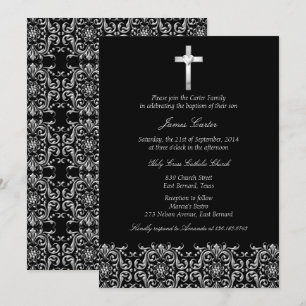 Invitation Elégant noir Damas & Cross Baptême / Christening