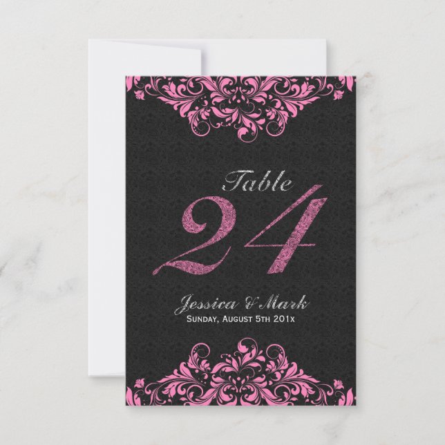 Invitation Elégant noir Damas & dentelle florale rose (Devant)