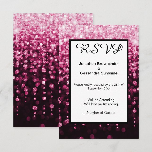 INVITATION ÉLÉGANT NOIR DIAMANT ROSE CASCADE RSVP (Devant / Derrière)