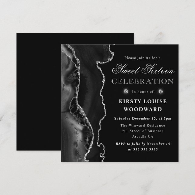 Invitation Elégant noir et argent Parties scintillant Agate S (Devant / Derrière)