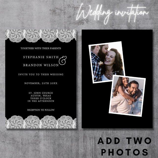 Invitation Élégant noir et blanc 2 Mariage de dentelle photo (Créateur téléchargé)