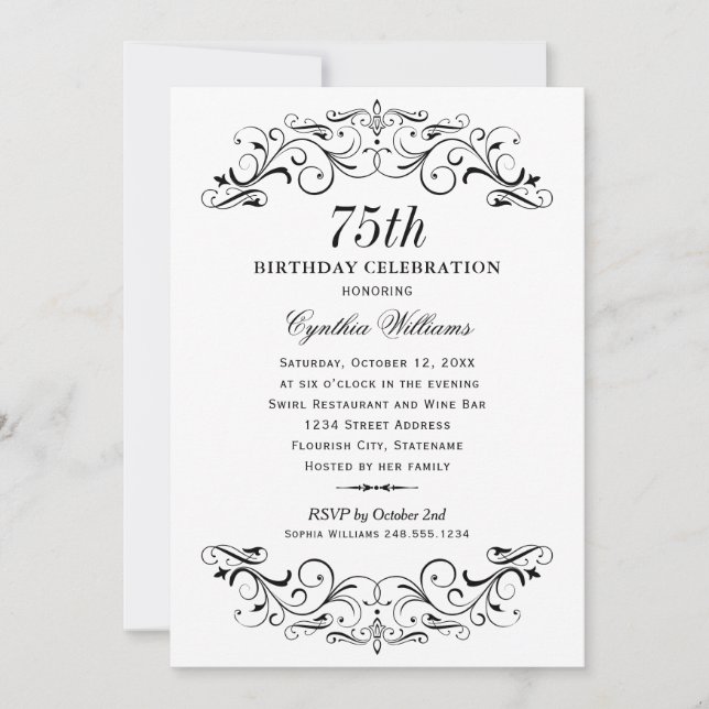Invitation Elégant noir et blanc 75e anniversaire (Devant)