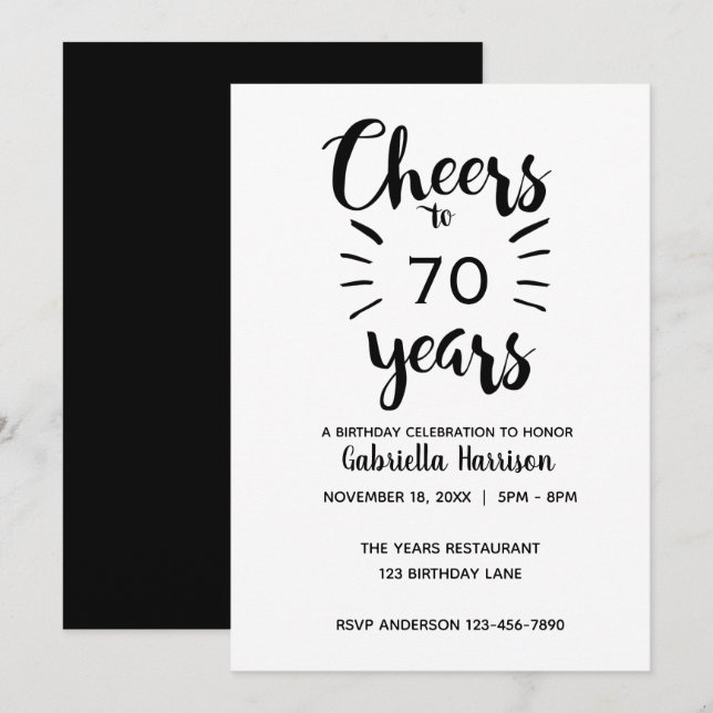 Invitation Elégant noir et blanc bravo à 70e anniversaire (Devant / Derrière)