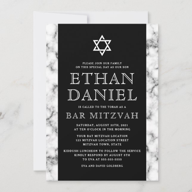 Invitation Élégant noir et blanc marbre texture bar mitzvah (Devant)