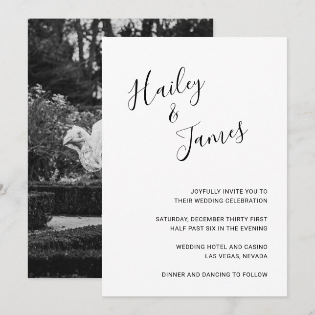 Invitation Elégant noir et blanc Photo Mariage moderne (Devant / Derrière)