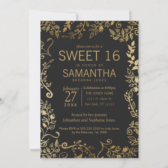 Invitation Élégant noir et jaune or Floral Sweet 16 (Devant)