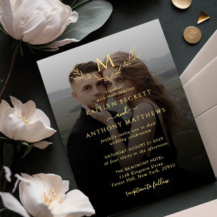Invitation Élégant noir et or Monogramme Mariage photo de cou