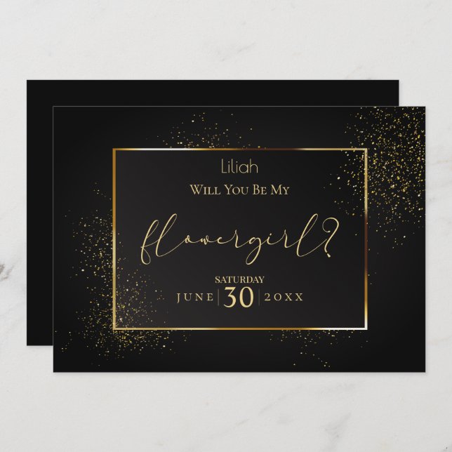 Invitation Élégant Noir et Or  Seras-tu ma Fille Fleuriste (Devant / Derrière)