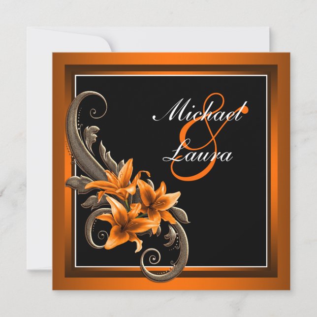 Invitation Élégant noir et orange Asiatique Lily Mariage (Devant)