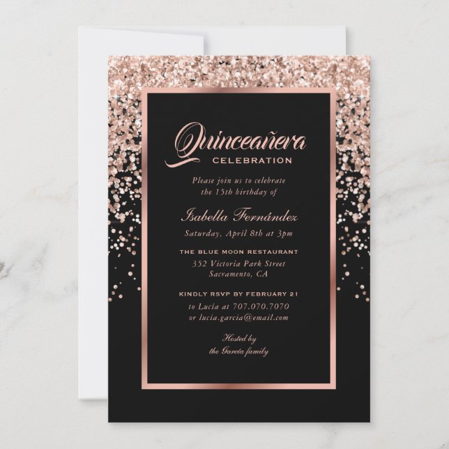 Invitation Elégant Noir et Rose Or Confetti Quinceañera (Devant)