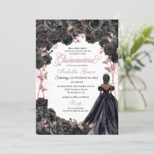 Invitation Elégant noir et Rose or Floral Quinceanera Inv