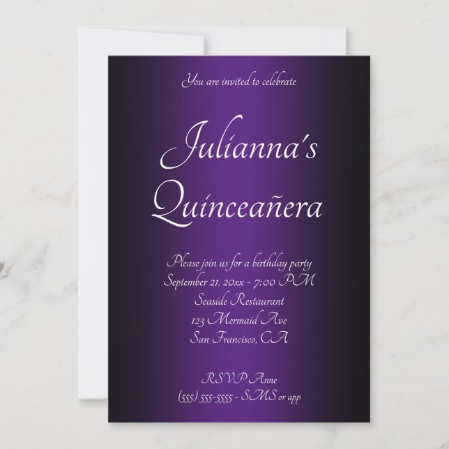 Invitation Elégant noir et Royal violet Ombre Quinceañera (Devant)