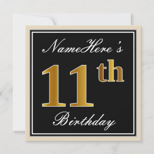Invitation Elégant, Noir, Faux Or 11ème Anniversaire + Nom