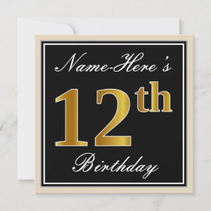 Invitation Elégant, Noir, Faux Or 12ème Anniversaire + Nom