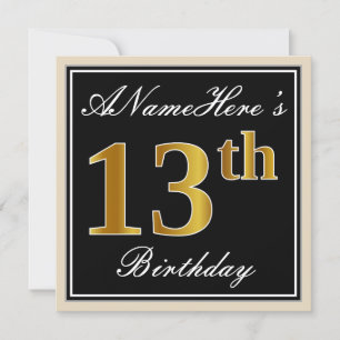 Invitation Elégant, Noir, Faux Or 13ème Anniversaire + Nom