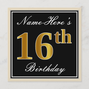 Invitation Elégant, Noir, Faux Or 16ème Anniversaire + Nom
