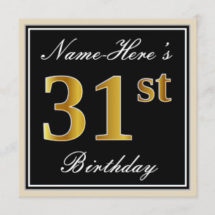 Invitation Elégant, Noir, Faux Or 31ème Anniversaire + Nom